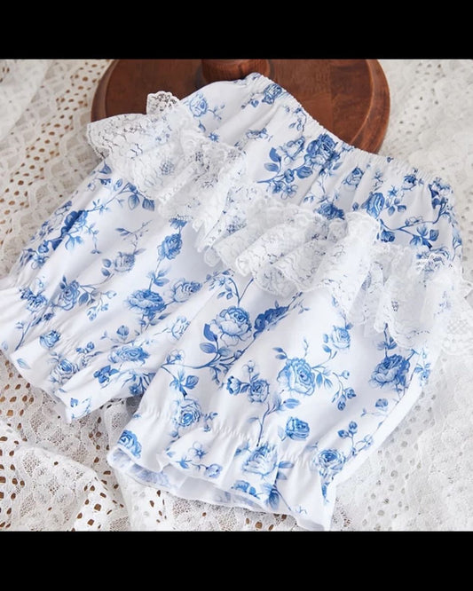 Stylish Two-Piece White and Blue Floral Cotton Dress / Girls / 1 - 7 years old | Soft outfit perfect for casual to semi-formal occasions /