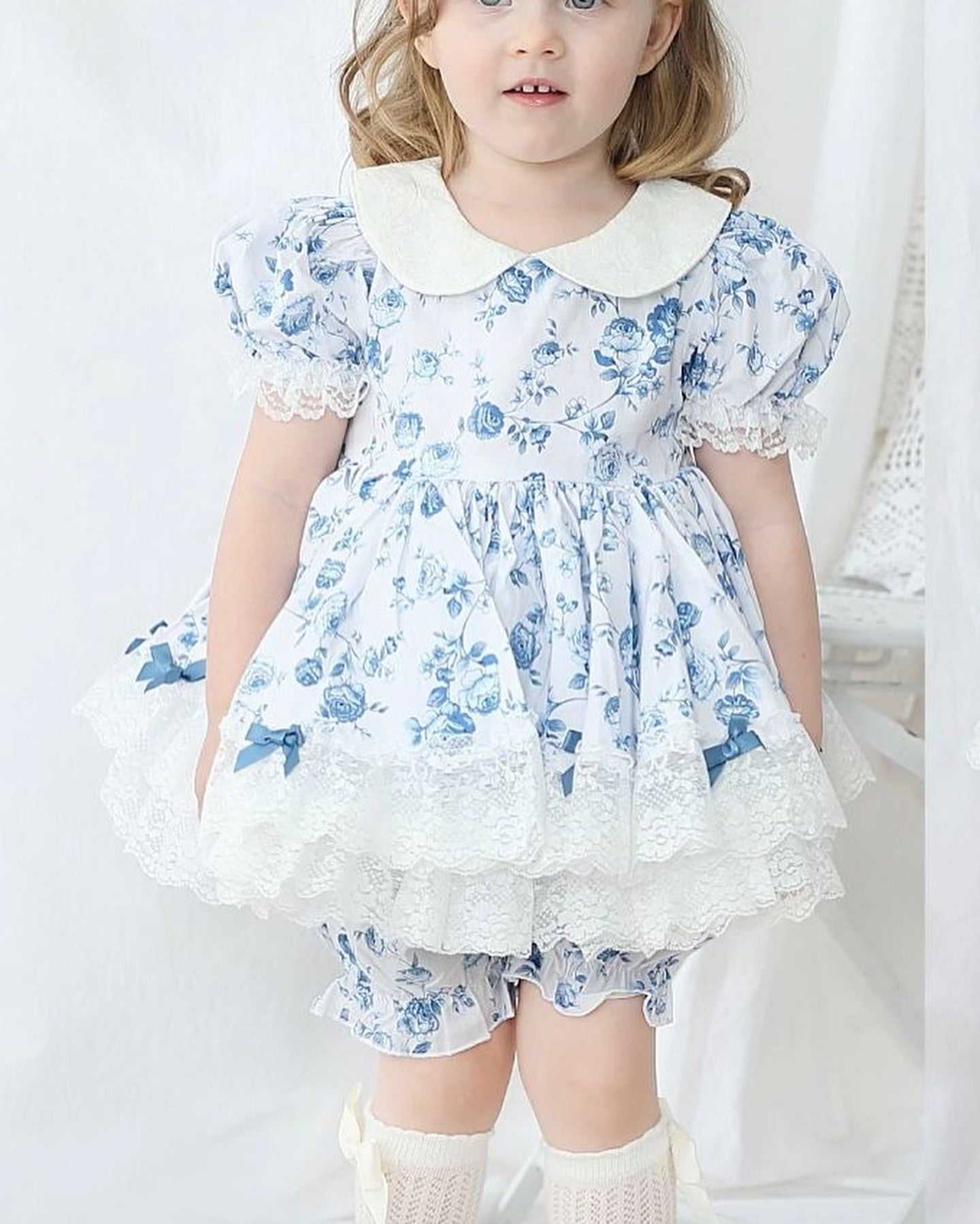 Stylish Two-Piece White and Blue Floral Cotton Dress / Girls / 1 - 7 years old | Soft outfit perfect for casual to semi-formal occasions /