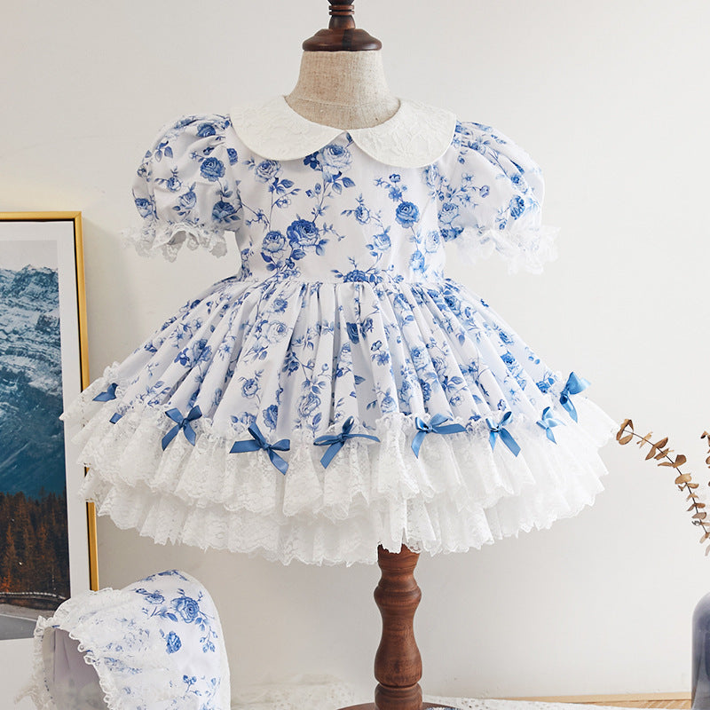 Stylish Two-Piece White and Blue Floral Cotton Dress / Girls / 1 - 7 years old | Soft outfit perfect for casual to semi-formal occasions /