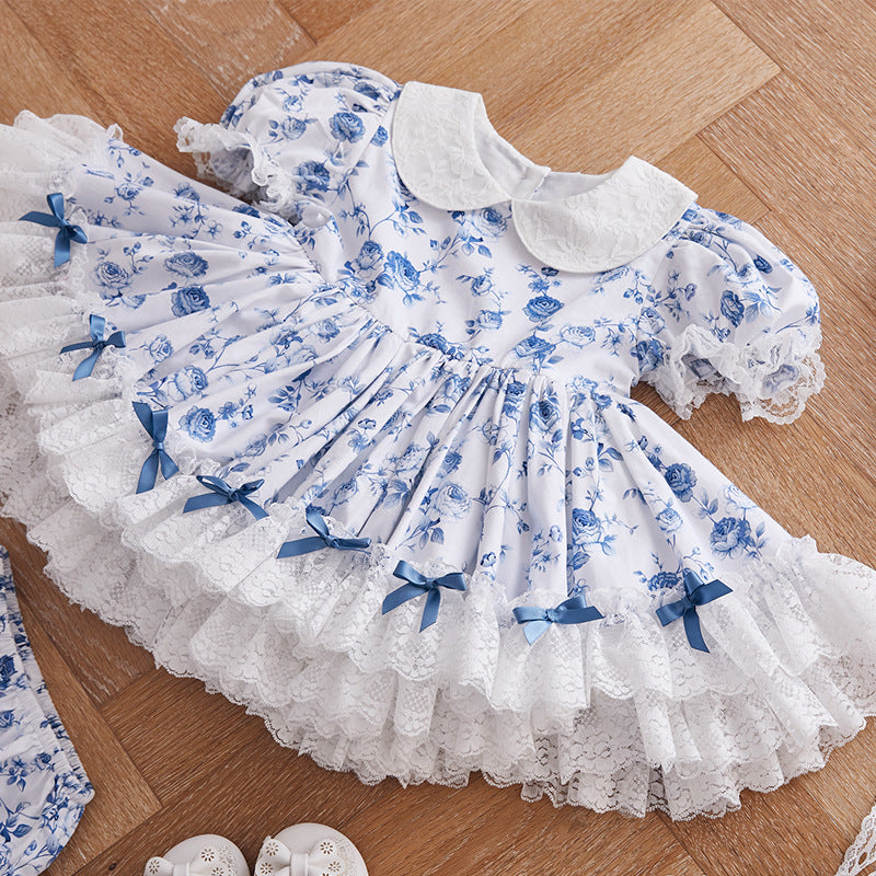 Stylish Two-Piece White and Blue Floral Cotton Dress / Girls / 1 - 7 years old | Soft outfit perfect for casual to semi-formal occasions /