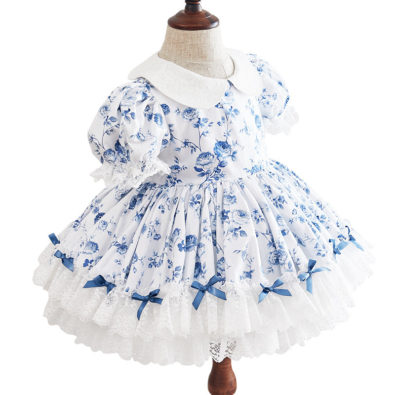 Stylish Two-Piece White and Blue Floral Cotton Dress / Girls / 1 - 7 years old | Soft outfit perfect for casual to semi-formal occasions /