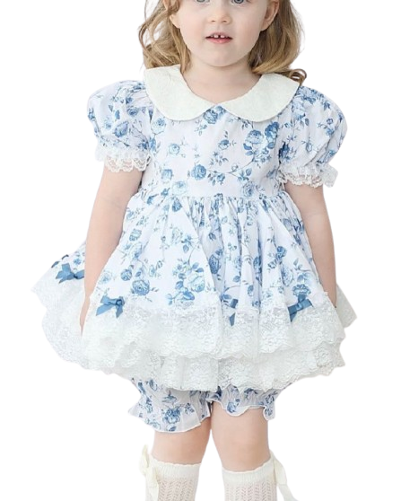 Stylish Two-Piece White and Blue Floral Cotton Dress / Girls / 1 - 7 years old | Soft outfit perfect for casual to semi-formal occasions /