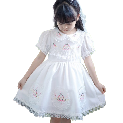 A white-waisted poplin dress with a floral accent / Classic dress for all occasions / 1-7 Years, White, Elegant, Soft, Lightweight