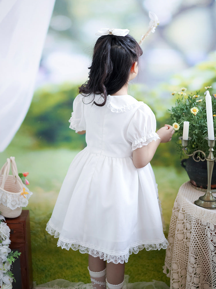 A white-waisted poplin dress with a floral accent / Classic dress for all occasions / 1-7 Years, White, Elegant, Soft, Lightweight