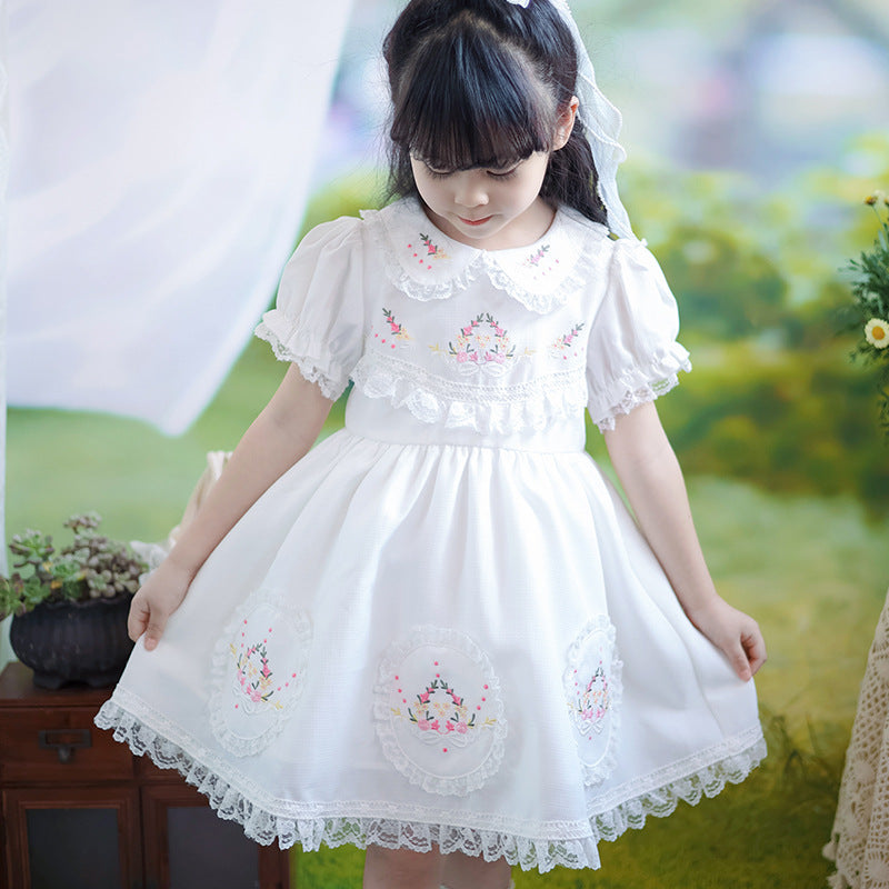 A white-waisted poplin dress with a floral accent / Classic dress for all occasions / 1-7 Years, White, Elegant, Soft, Lightweight